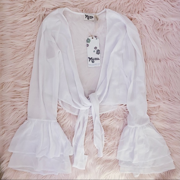 NWT SHOW ME YOUR MUMU Cute White Deep V Tie-Front Blouse Top Flounce Sleeve New - Picture 2 of 6